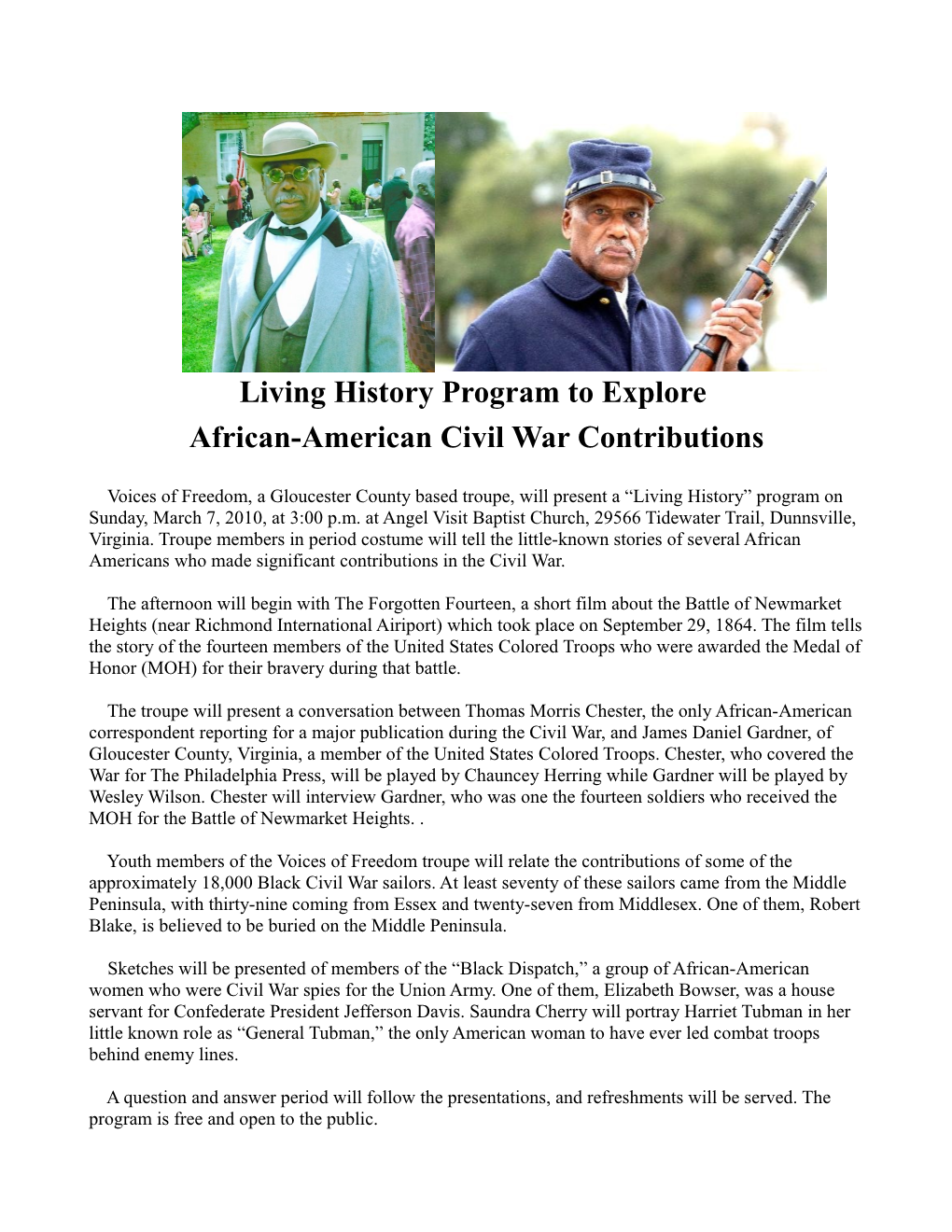 Living History Program to Explore African-American Civil War Contributions