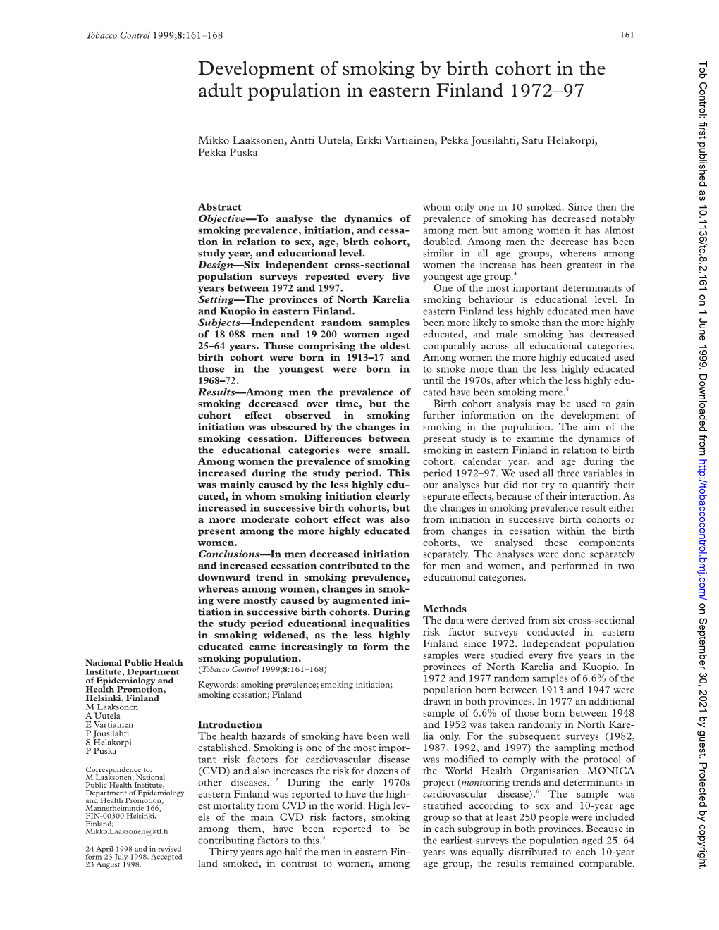 Development of Smoking by Birth Cohort in the Tob Control: First Published As 10.1136/Tc.8.2.161 on 1 June 1999