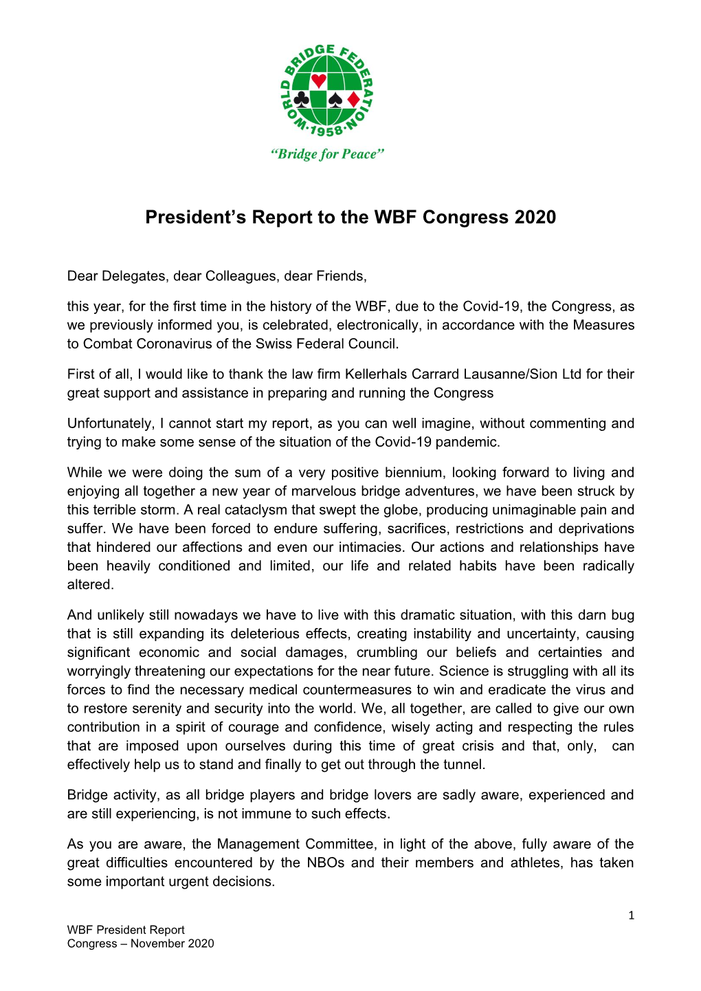 President's Report to the WBF Congress 2020
