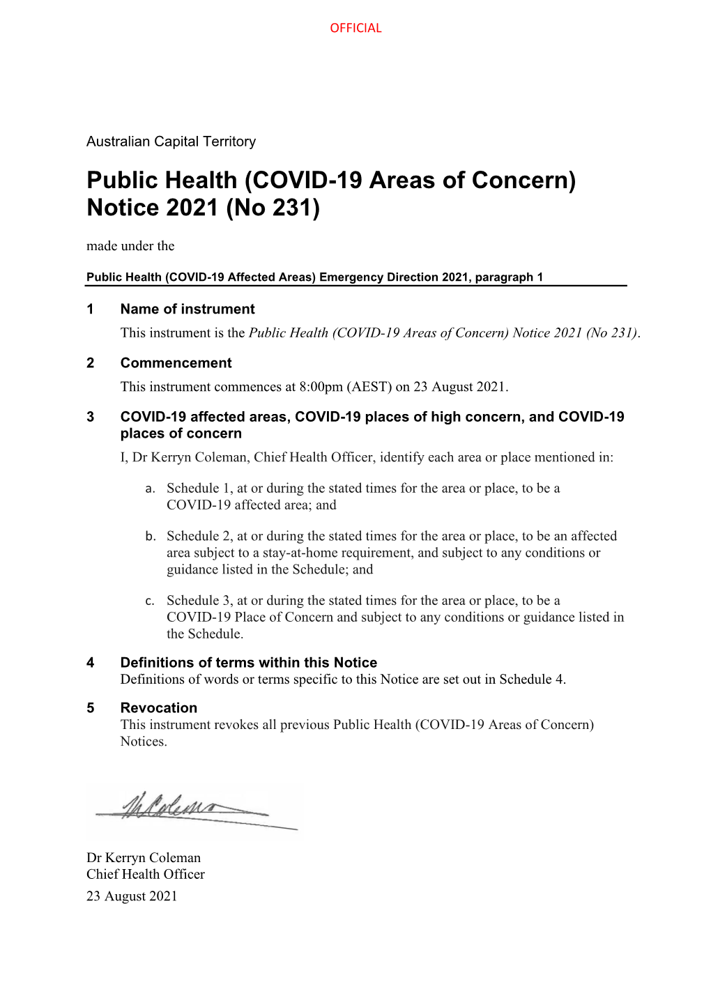 Public Health (COVID-19 Areas of Concern) Notice 2021 (No 231) Made Under The