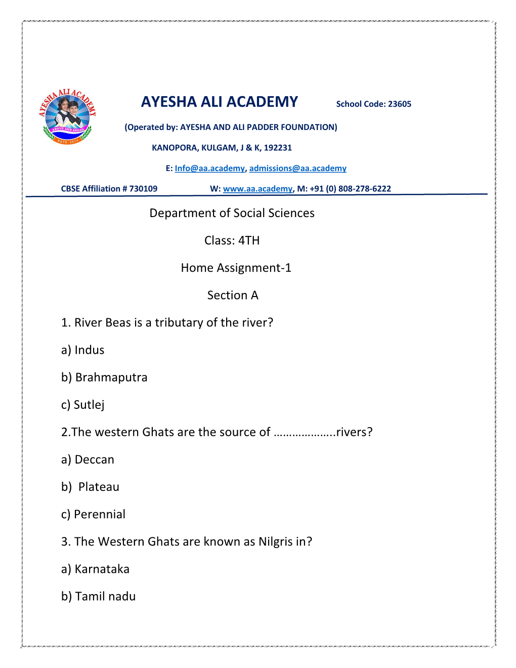 AYESHA ALI ACADEMY School Code: 23605