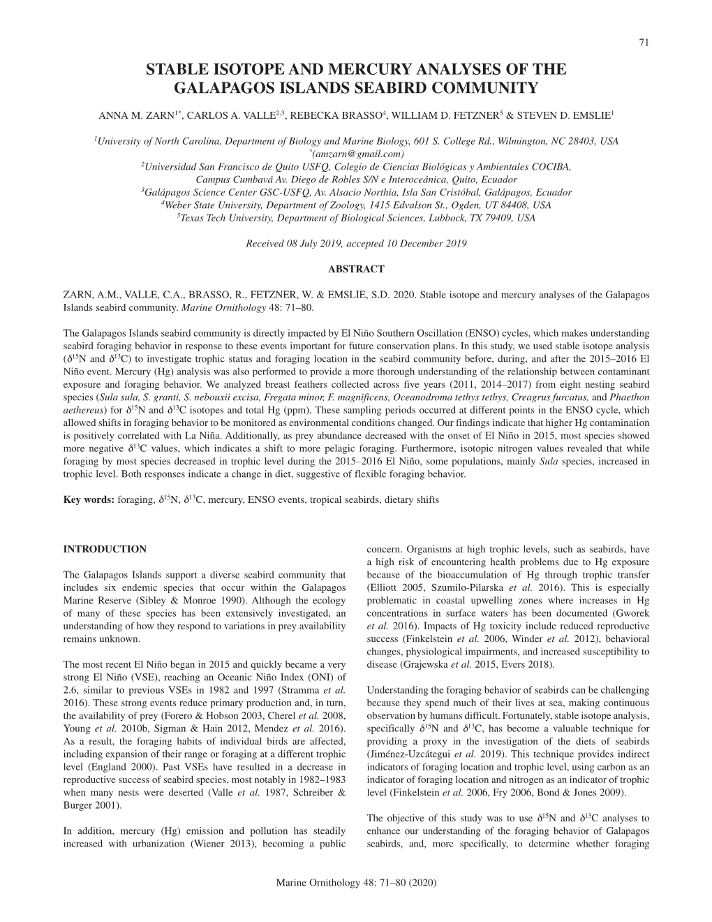 Stable Isotope and Mercury Analyses of the Galapagos Islands Seabird Community