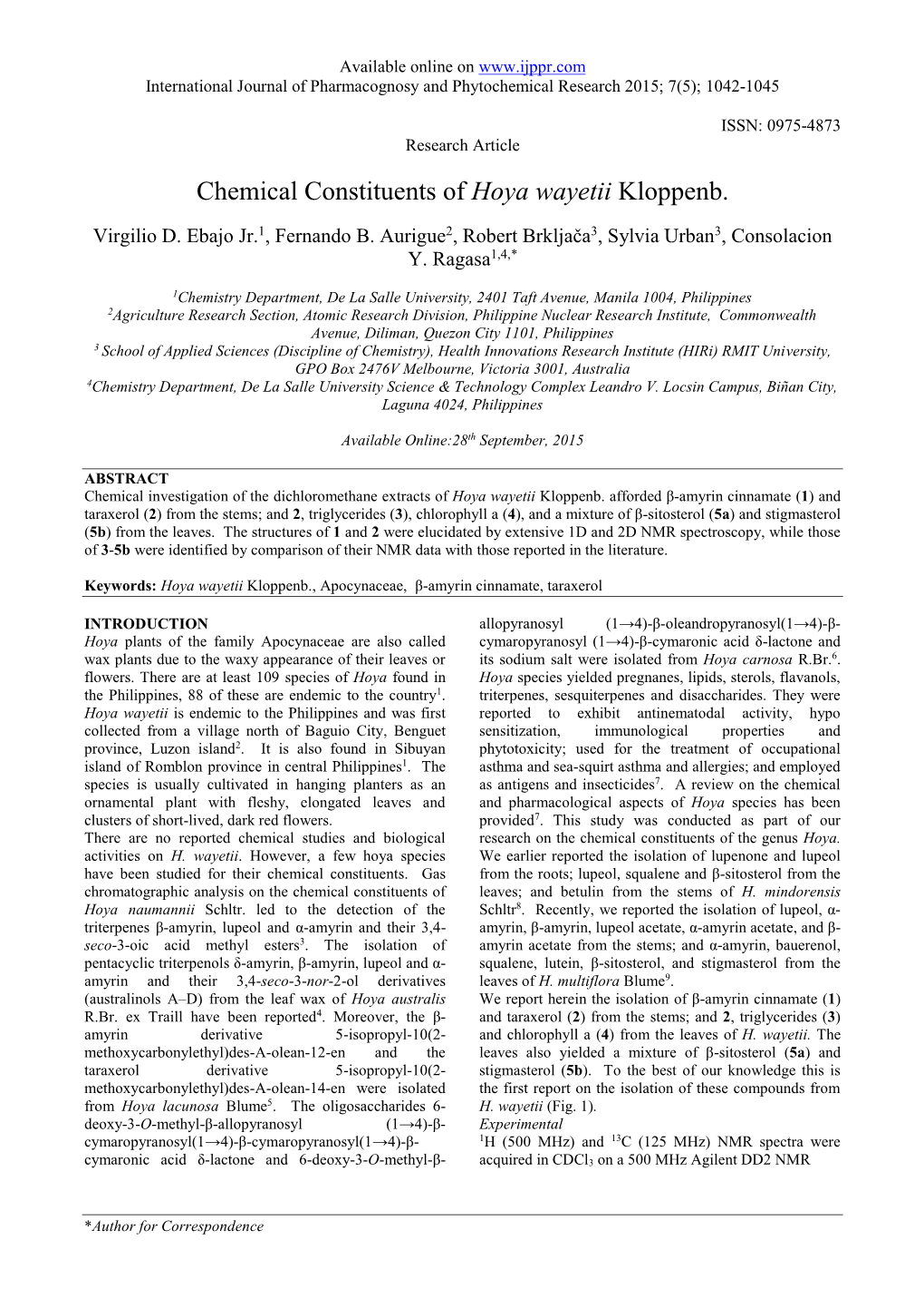 Chemical Constituents of Hoya Wayetii Kloppenb