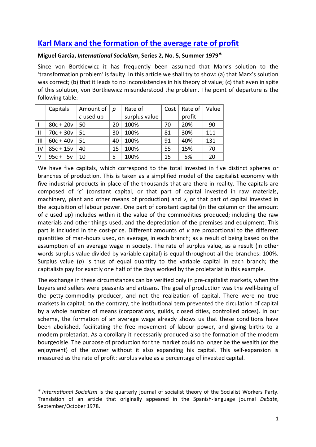 Karl Marx and the Formation of the Average Rate of Profit Miguel Garcia, International Socialism, Series 2, No