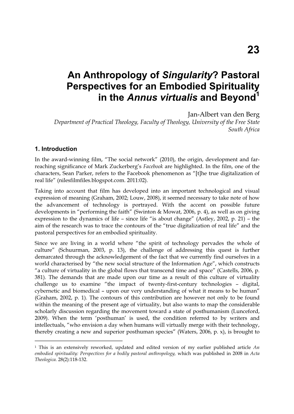 Pastoral Perspectives for an Embodied Spirituality in the Annus Virtualis and Beyond1