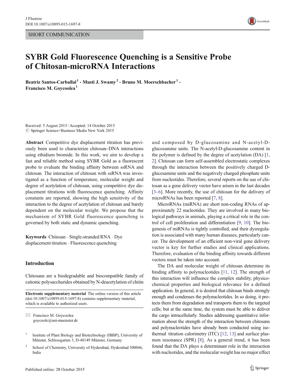 SYBR Gold Fluorescence Quenching Is a Sensitive Probe of Chitosan-Microrna Interactions