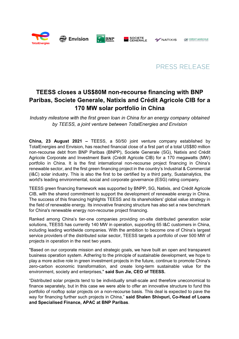 TEESS Closes a US$80M Non-Recourse Financing for a 170