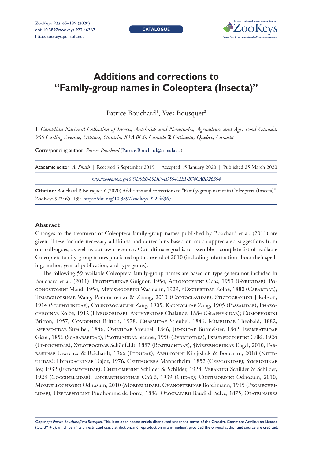 Additions and Corrections to “Family-Group Names in Coleoptera (Insecta)”