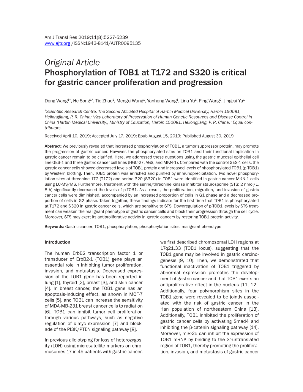 Original Article Phosphorylation of TOB1 at T172 and S320 Is Critical for Gastric Cancer Proliferation and Progression