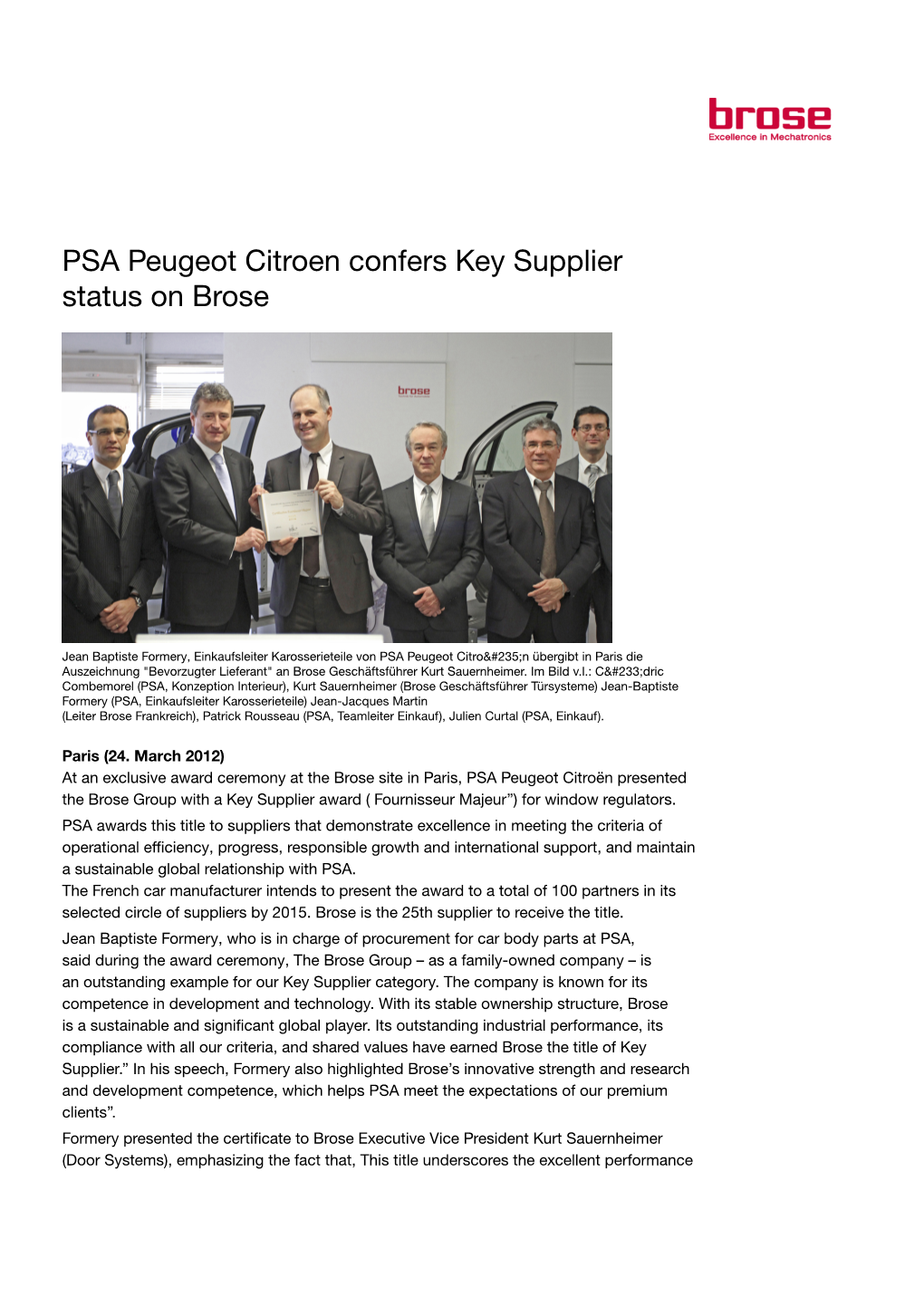 PSA Peugeot Citroen Confers Key Supplier Status on Brose