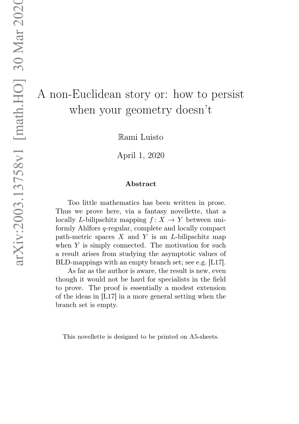 Arxiv:2003.13758V1 [Math.HO] 30 Mar 2020 As Far As the Author Is Aware, the Result Is New, Even Though It Would Not Be Hard for Specialists in the ﬁeld to Prove