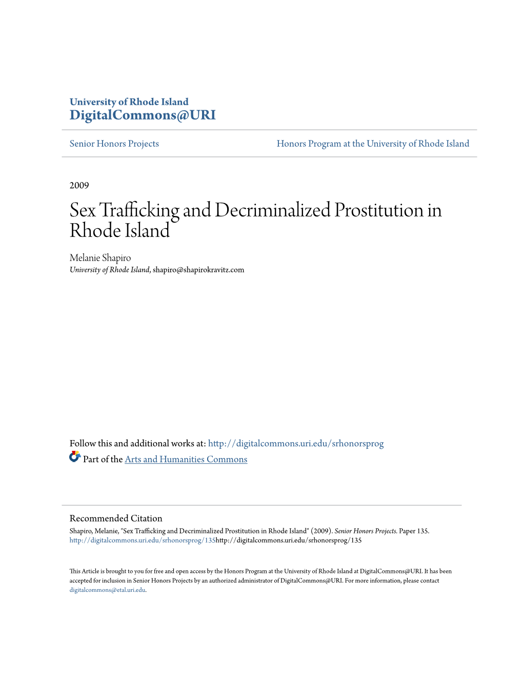 Sex Trafficking and Decriminalized Prostitution in Rhode Island Melanie Shapiro University of Rhode Island, Shapiro@Shapirokravitz.Com