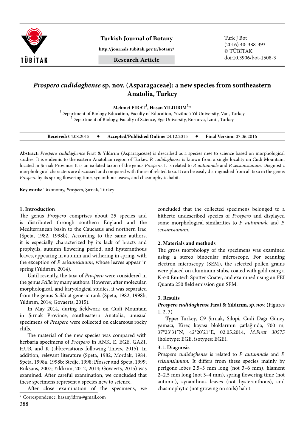 Prospero Cudidaghense Sp. Nov. (Asparagaceae): a New Species from Southeastern Anatolia, Turkey