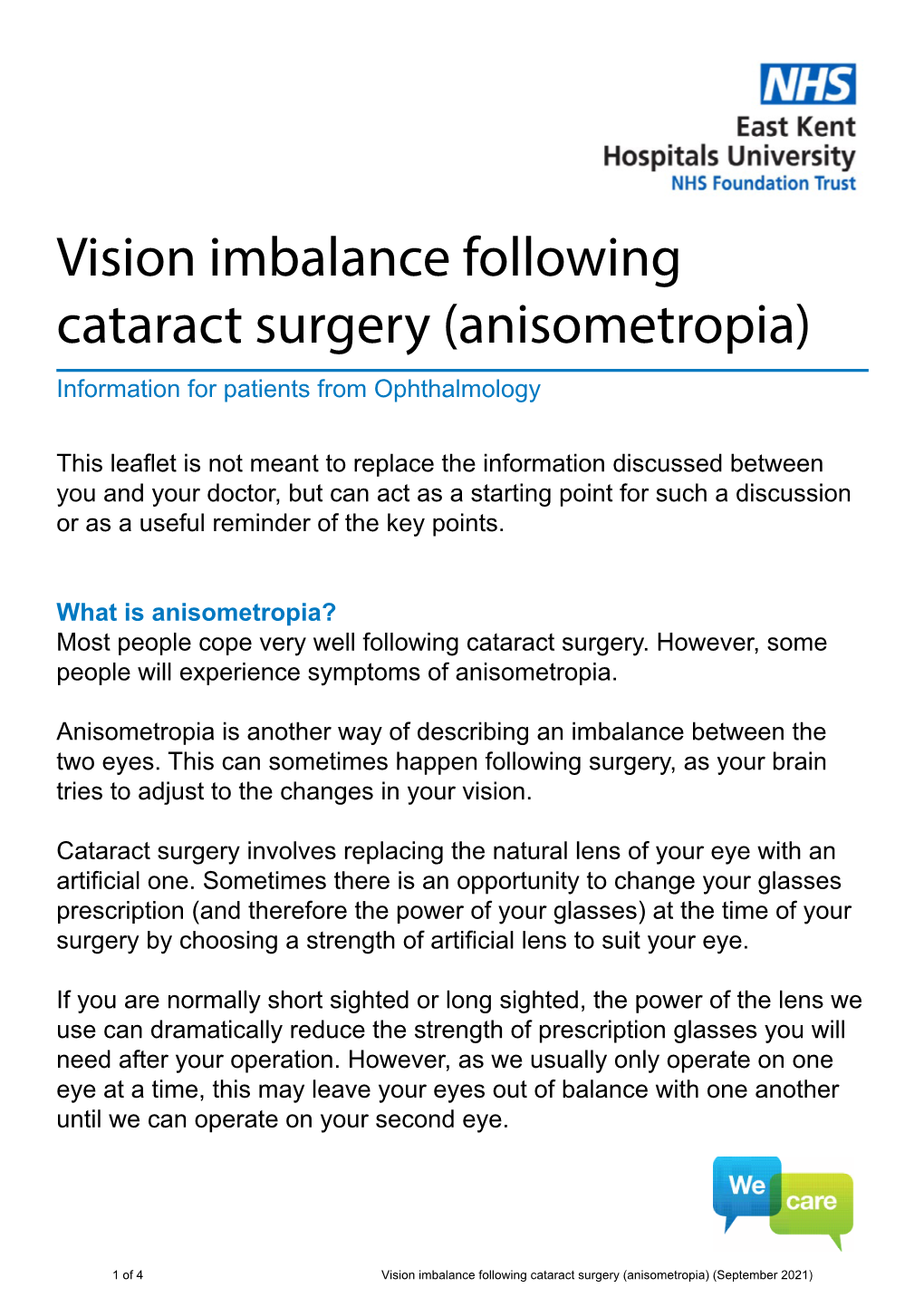 Vision Imbalance Following Cataract Surgery (Anisometropia) Information for Patients from Ophthalmology