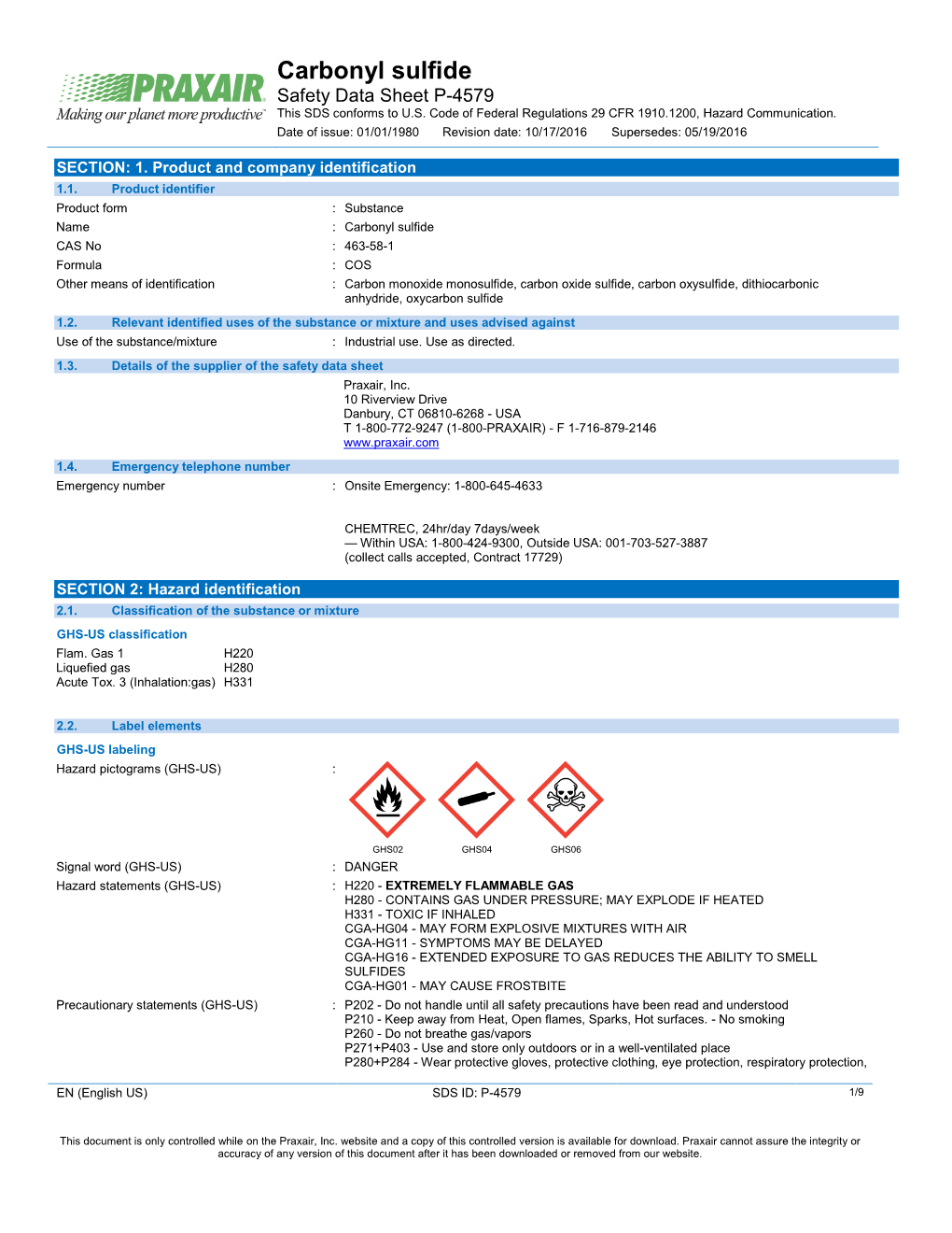 Carbonyl Sulfide Safety Data Sheet P-4579 This SDS Conforms to U.S