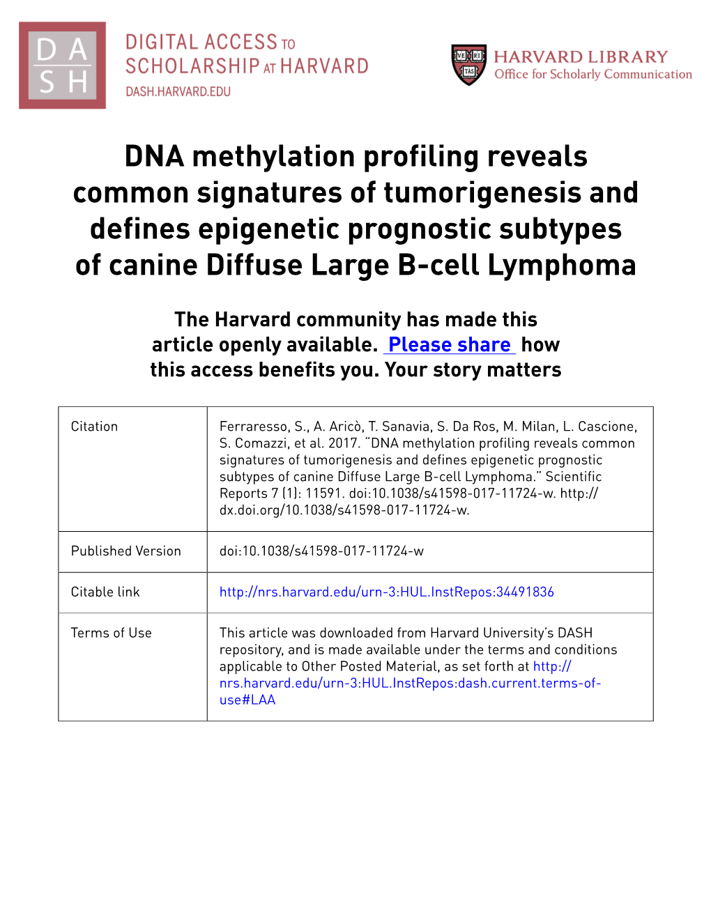 DNA Methylation Profiling Reveals Common Signatures of Tumorigenesis and Defines Epigenetic Prognostic Subtypes of Canine Diffuse Large B-Cell Lymphoma