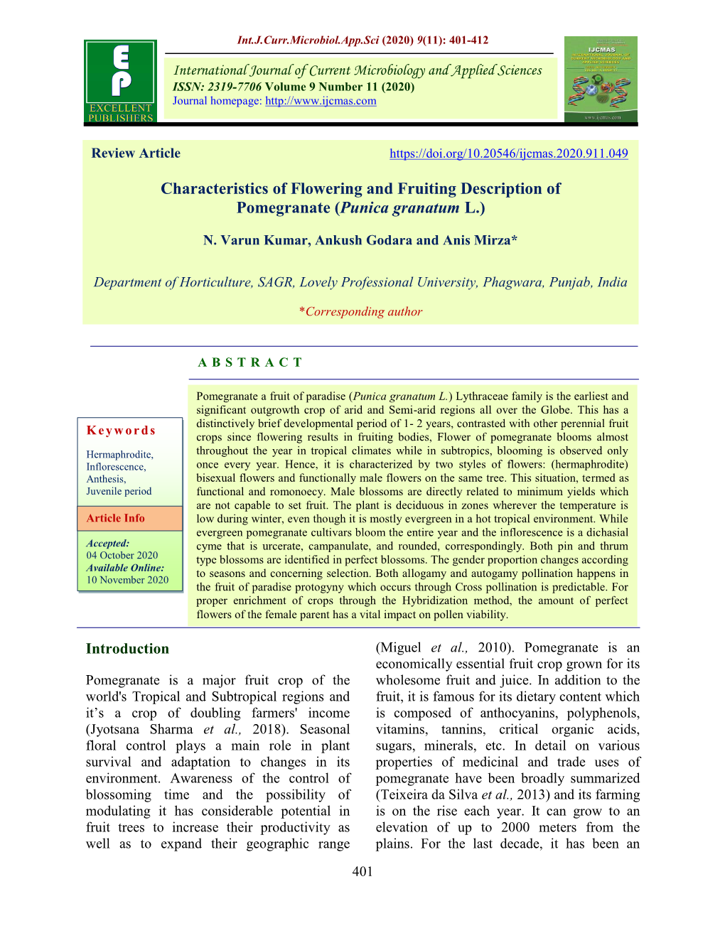 Characteristics of Flowering and Fruiting Description of Pomegranate (Punica Granatum L.)