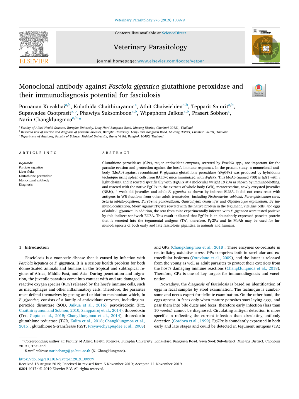 Monoclonal Antibody Against Fasciola Gigantica Glutathione Peroxidase and Their Immunodiagnosis Potential for Fasciolosis