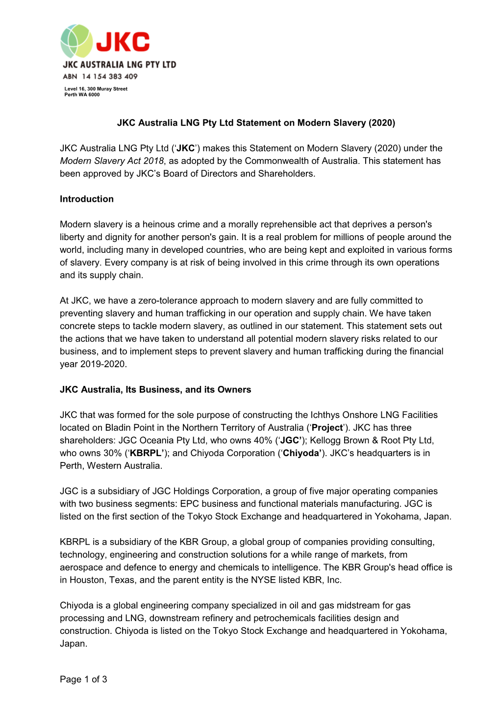 JKC Australia LNG Pty Ltd Statement on Modern Slavery (2020)