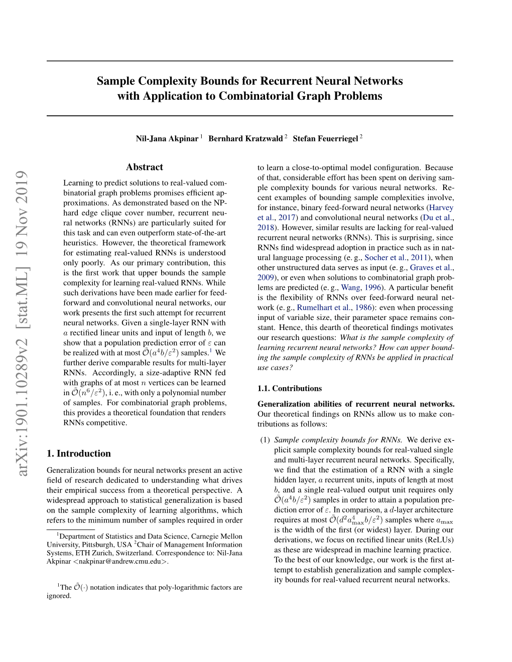 Sample Complexity Bounds for Recurrent Neural Networks with Application to Combinatorial Graph Problems