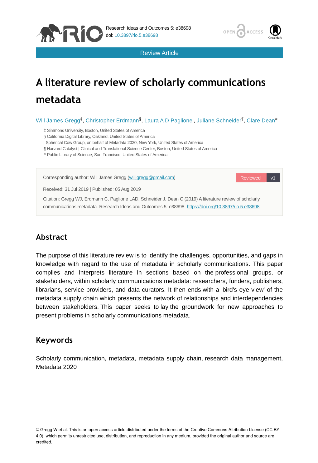 A Literature Review of Scholarly Communications Metadata