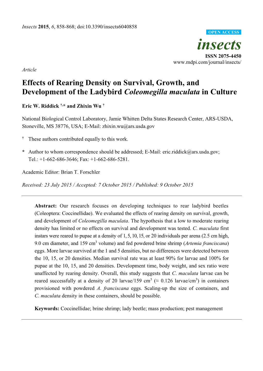 Effects of Rearing Density on Survival, Growth, and Development of the Ladybird Coleomegilla Maculata in Culture