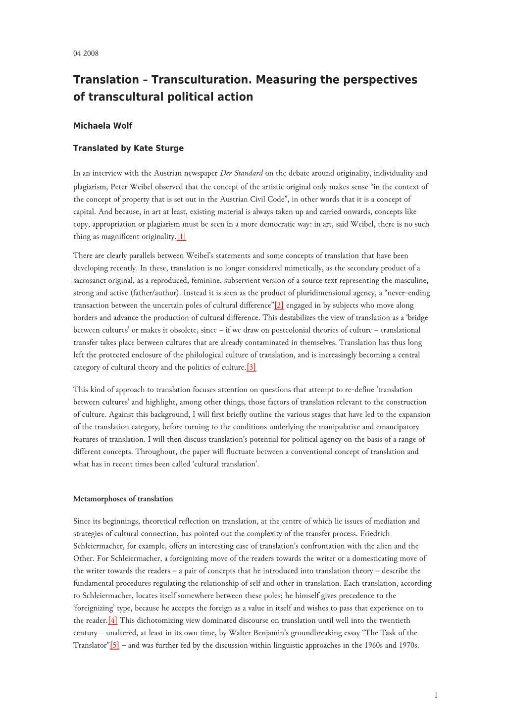 Translation – Transculturation. Measuring the Perspectives of Transcultural Political Action