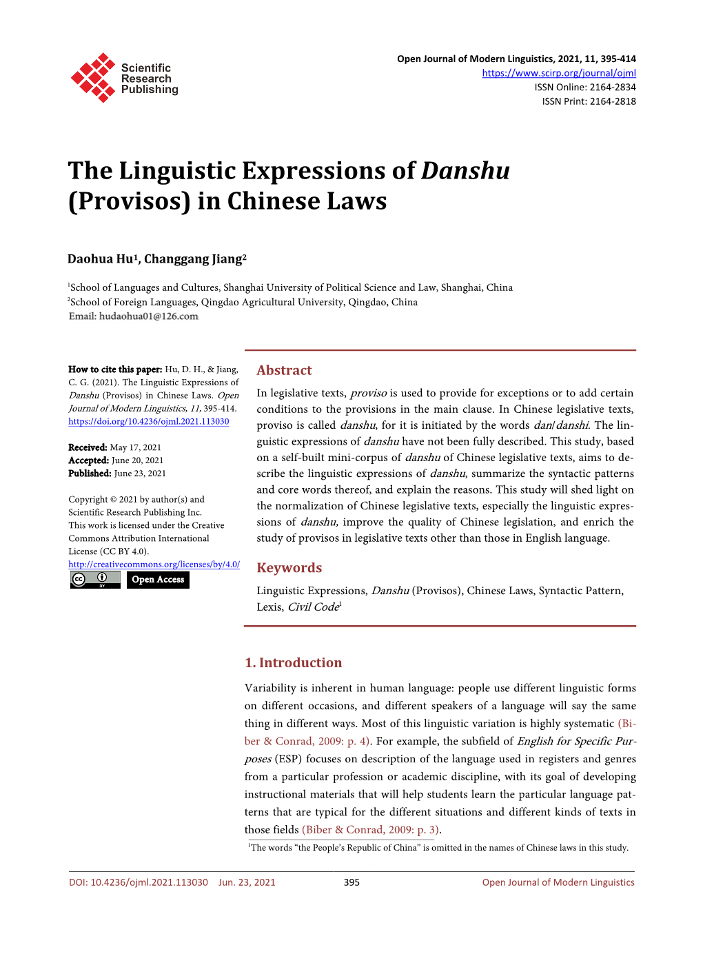 The Linguistic Expressions of Danshu (Provisos) in Chinese Laws