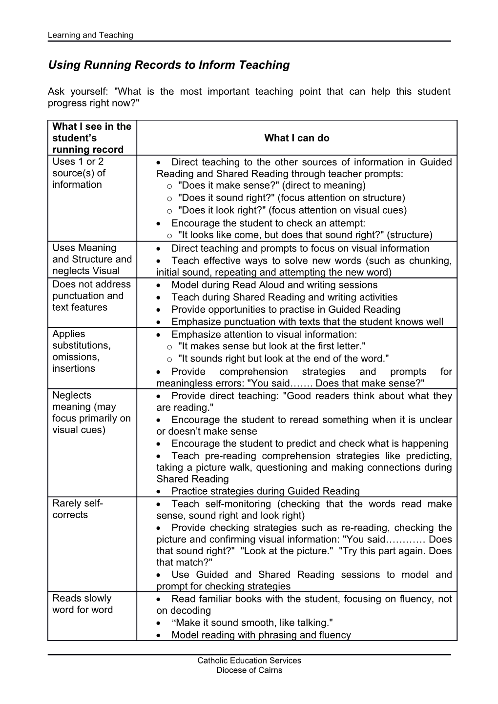 Using Running Records to Inform Teaching