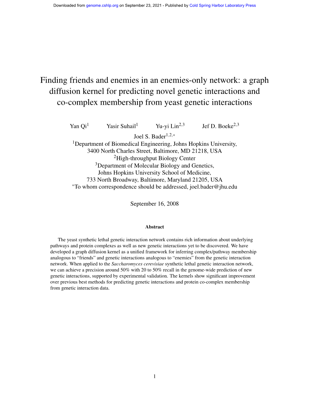 A Graph Diffusion Kernel for Predicting Novel Genetic Interactions and Co-Complex Membership from Yeast Genetic Interactions