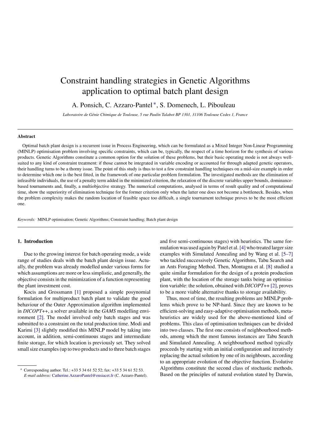 Constraint Handling Strategies in Genetic Algorithms Application to Optimal Batch Plant Design A