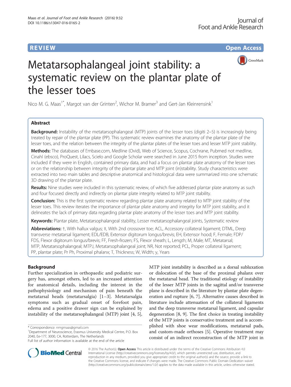 Metatarsophalangeal Joint Stability: a Systematic Review on the Plantar Plate of the Lesser Toes Nico M