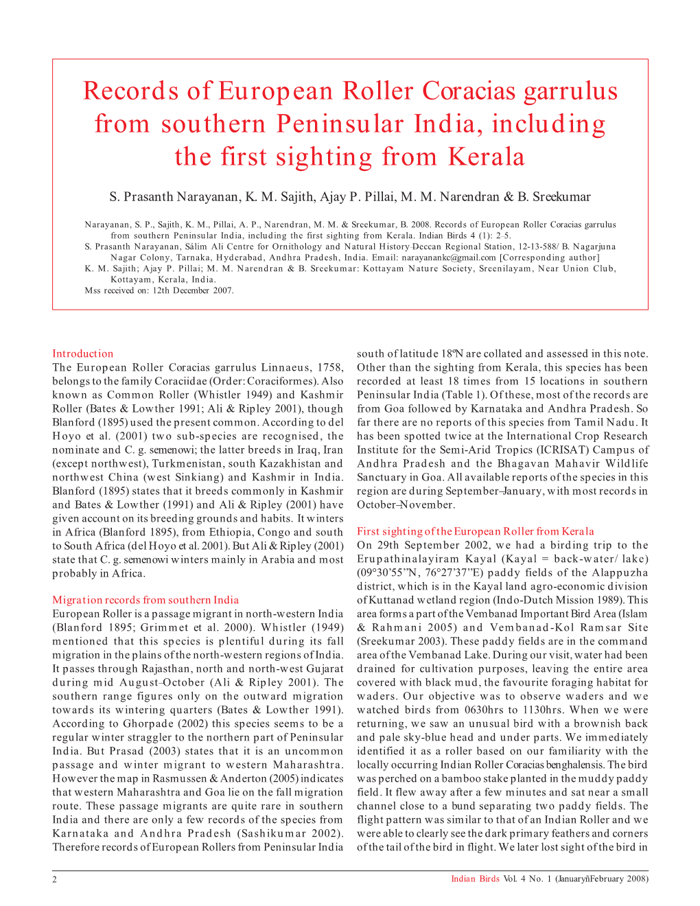 Records of European Roller Coracias Garrulus from Southern Peninsular India, Including the First Sighting from Kerala