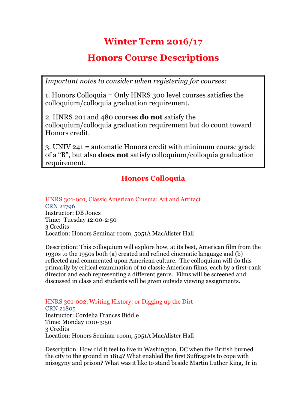 Winter Term 2016/17 Honors Course Descriptions