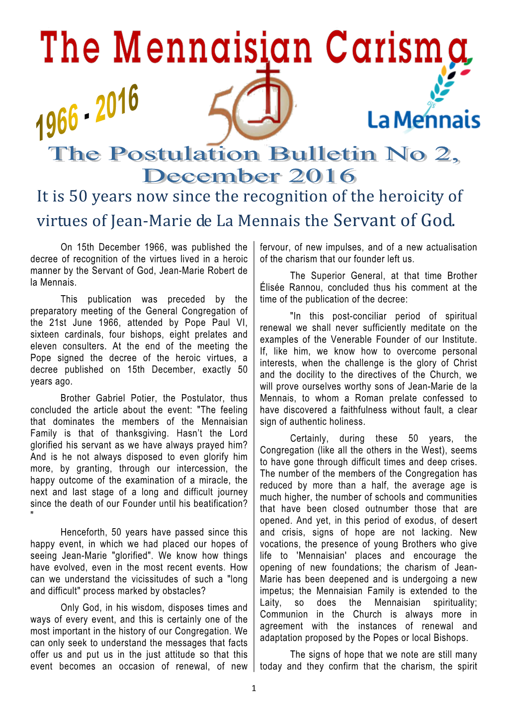 It Is 50 Years Now Since the Recognition of the Heroicity of Virtues of Jean-Marie De La Mennais the Servant of God