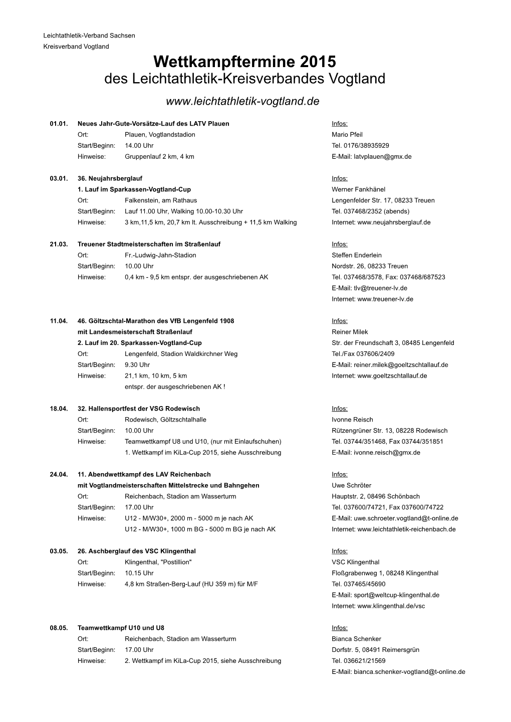 Wettkampftermine 2015 Des Leichtathletik-Kreisverbandes Vogtland