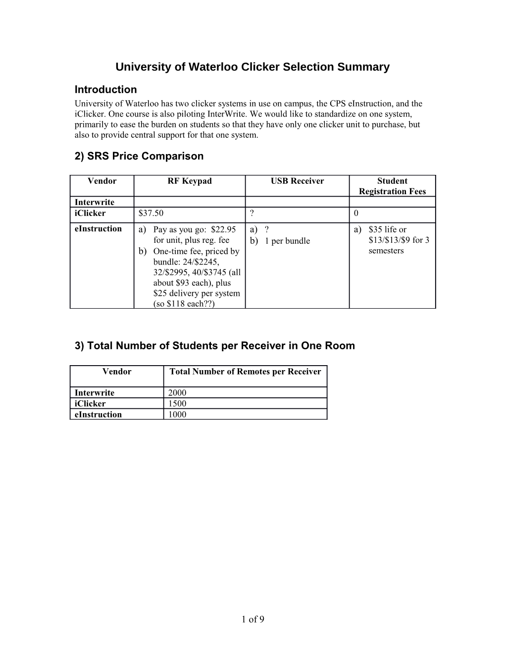 Student Response System RFI Summary