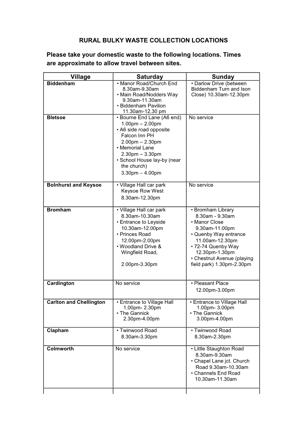 Rural Bulky Waste Collection Locations