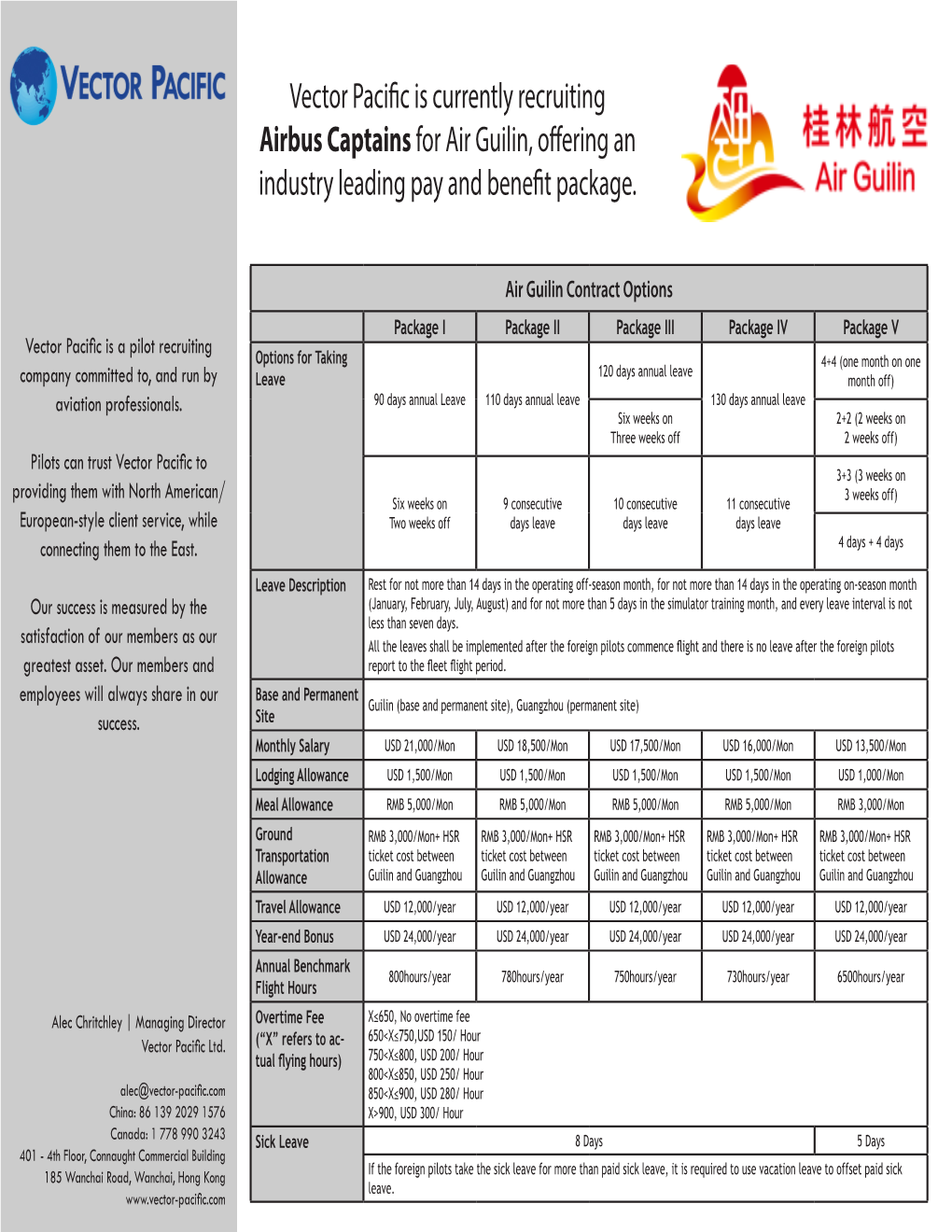 Vector Pacific Is Currently Recruiting Airbus Captains for Air Guilin, Offering an Industry Leading Pay and Benefit Package
