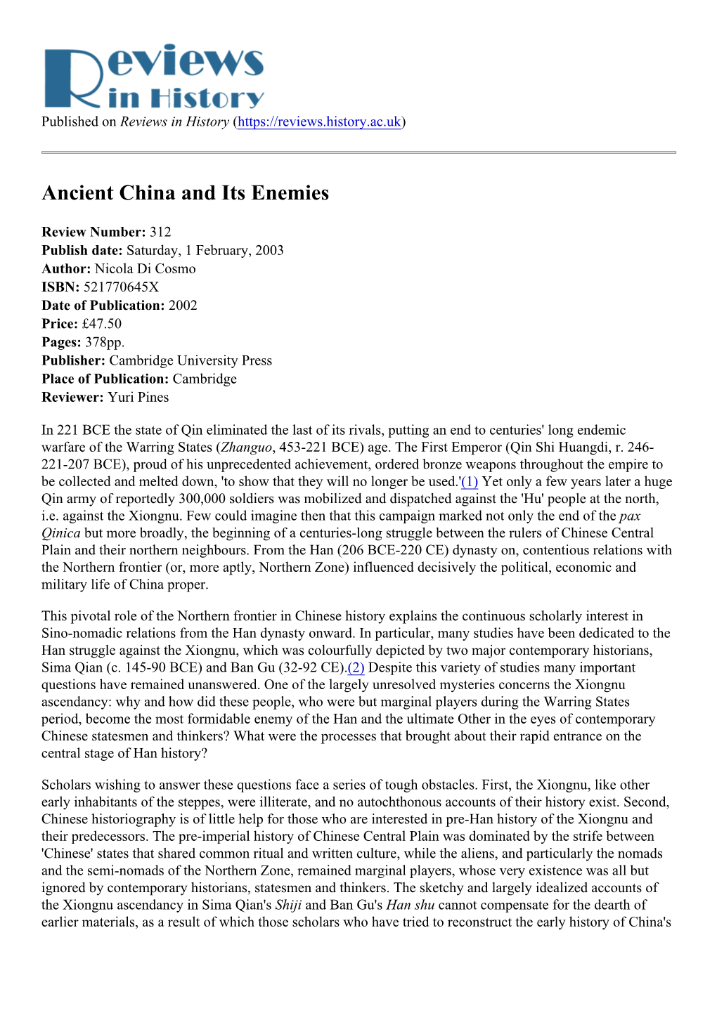 Ancient China and Its Enemies