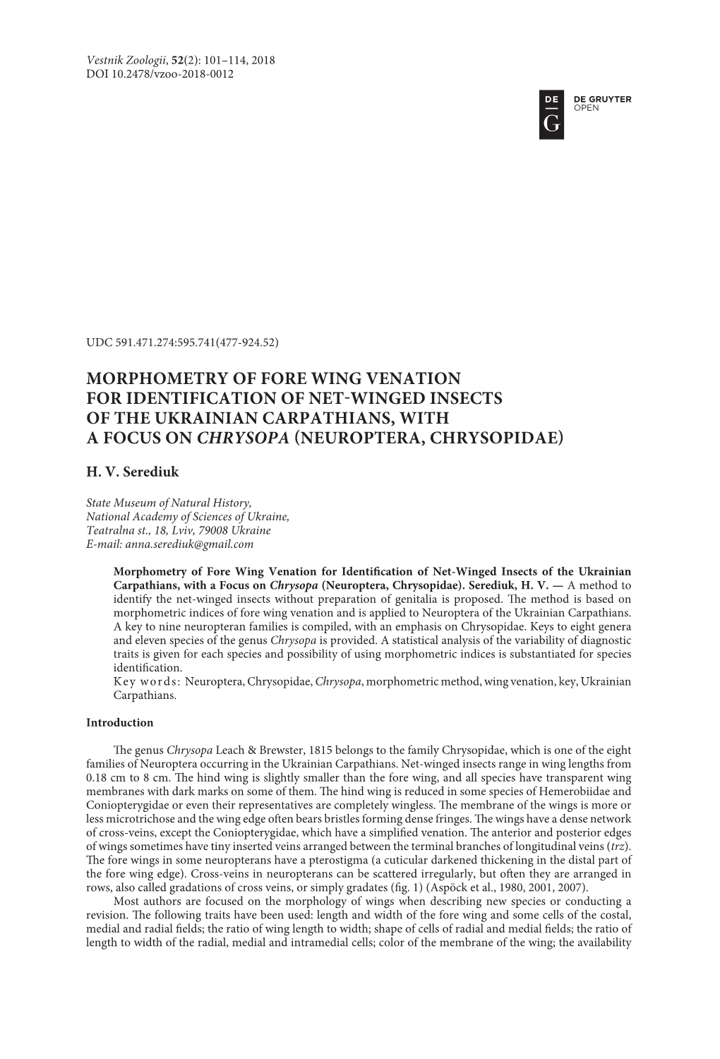 Morphometry of Fore Wing Venation for Identification of Net-Winged Insects of the Ukrainian Carpathians, with a Focus on Chrysopa (Neuroptera, Chrysopidae)