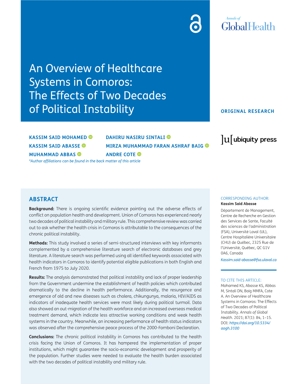 An Overview of Healthcare Systems in Comoros: the Effects of Two Decades of Political Instability ORIGINAL RESEARCH