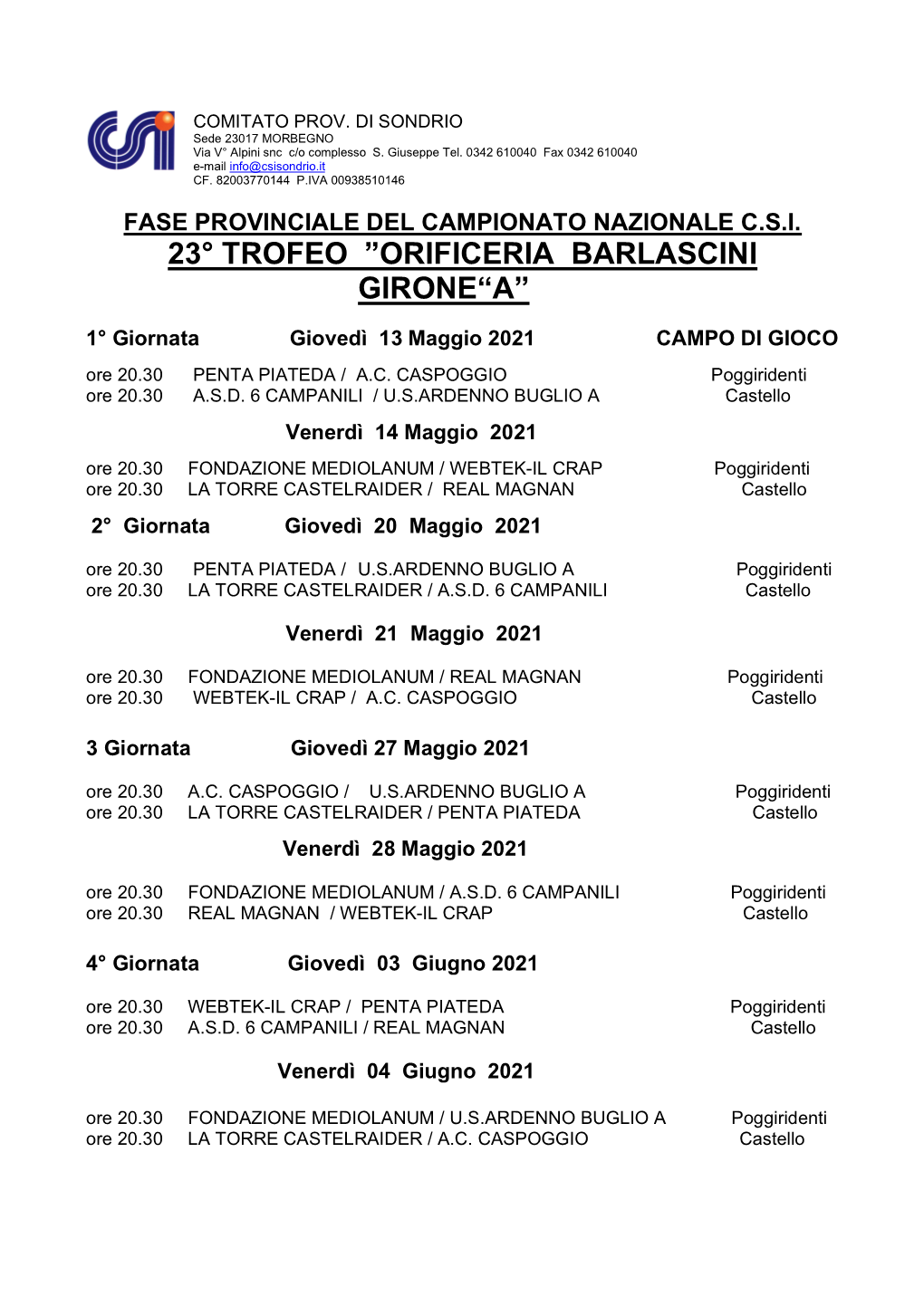 23° Trofeo ”Orificeria Barlascini Girone“A”