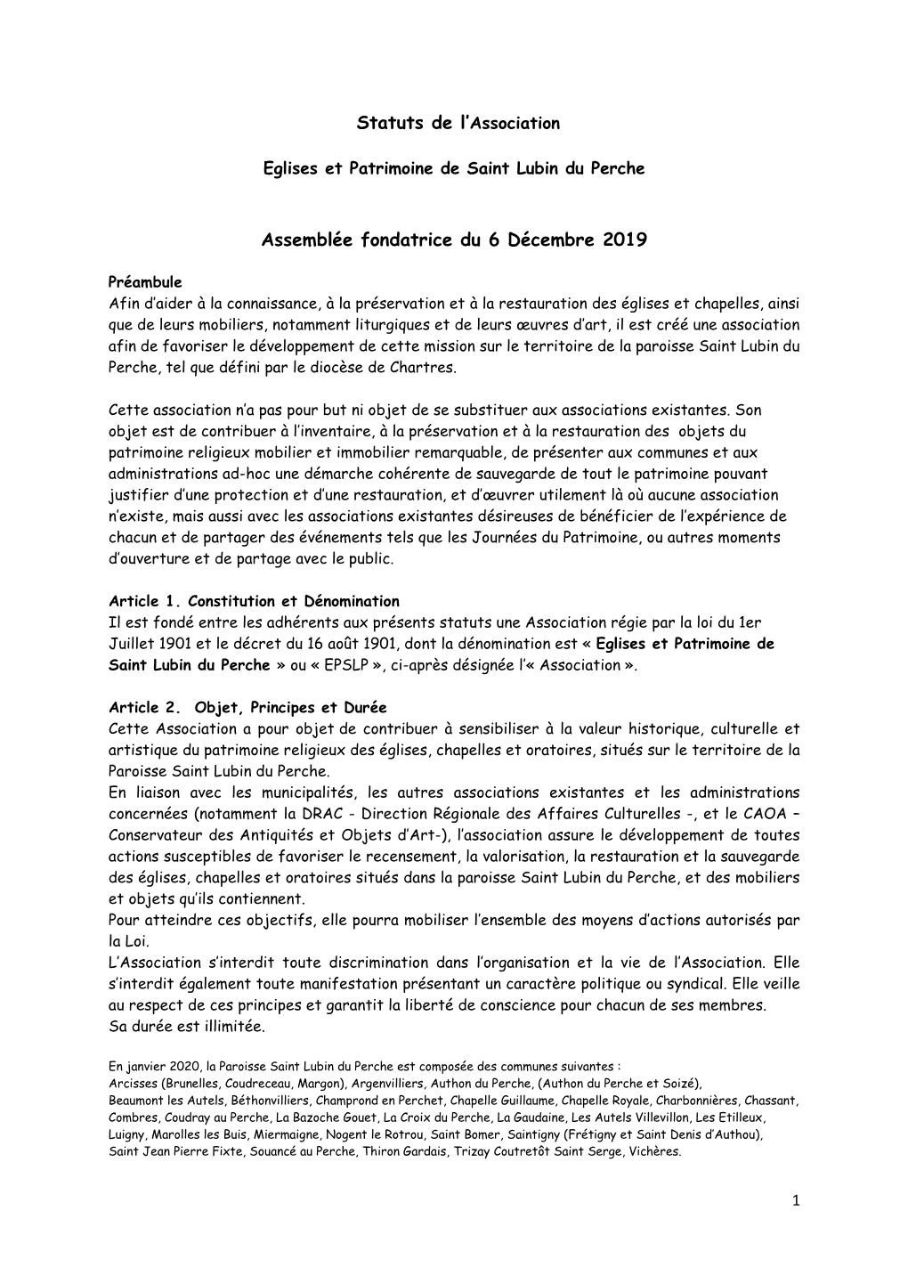 Statuts De L'association Assemblée Fondatrice Du 6 Décembre 2019