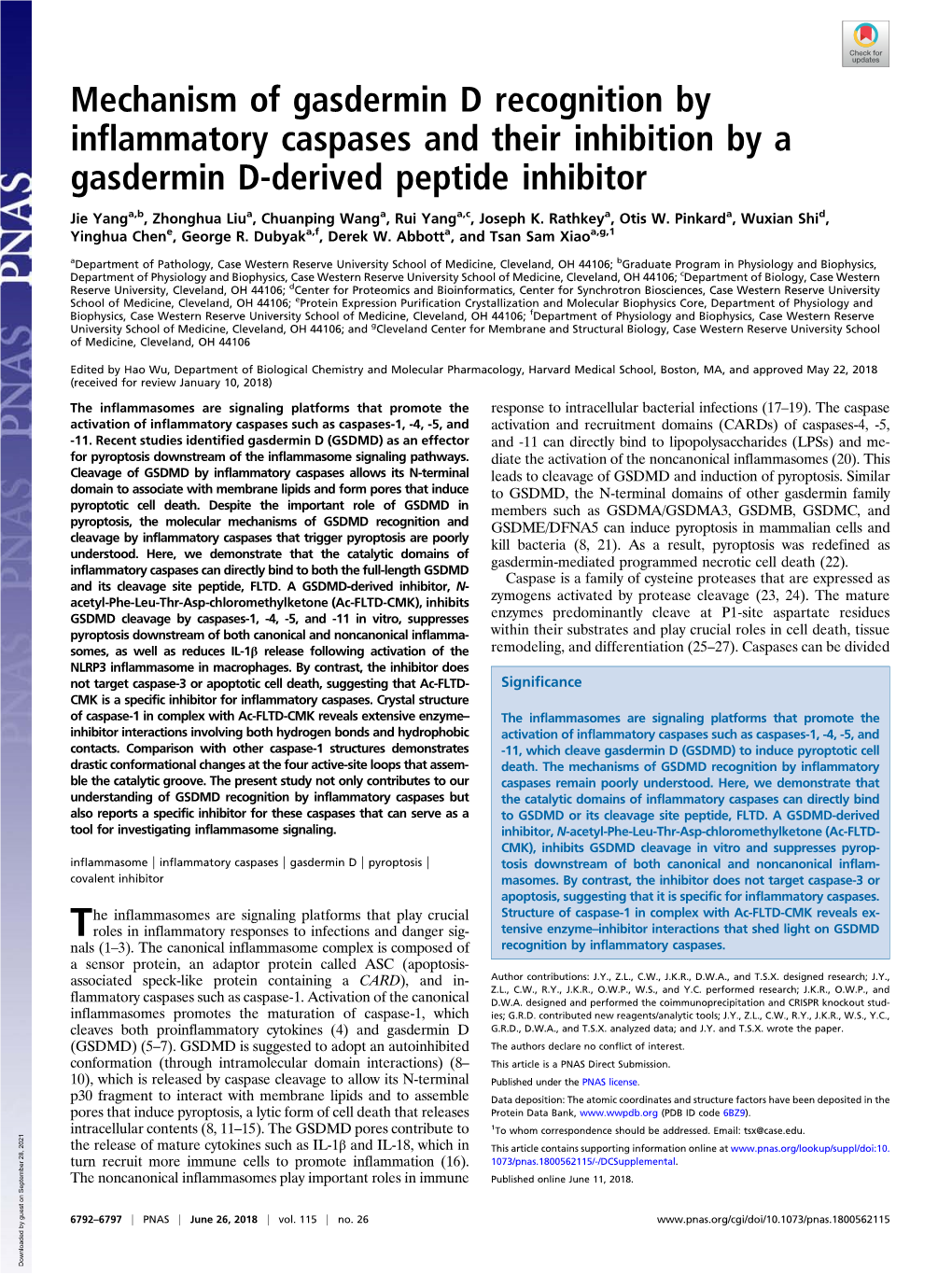 Mechanism of Gasdermin D Recognition by Inflammatory Caspases and Their Inhibition by a Gasdermin D-Derived Peptide Inhibitor