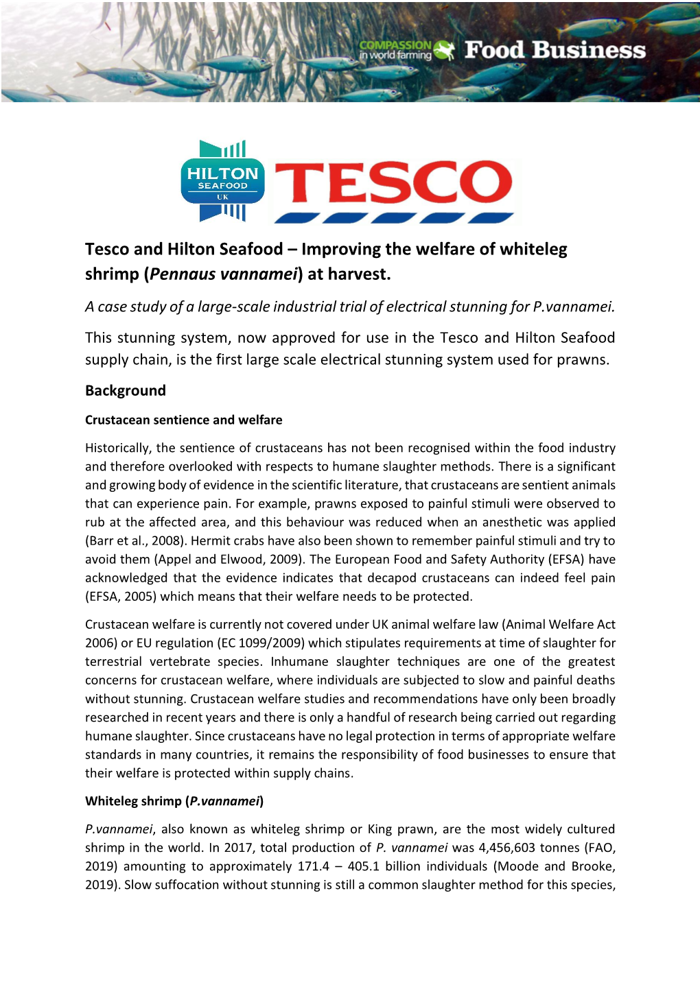 Tesco and Hilton Seafood – Improving the Welfare of Whiteleg Shrimp (Pennaus Vannamei) at Harvest