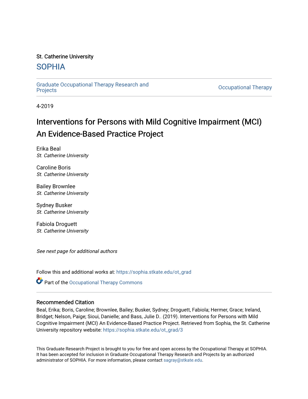 Interventions for Persons with Mild Cognitive Impairment (MCI) an Evidence-Based Practice Project