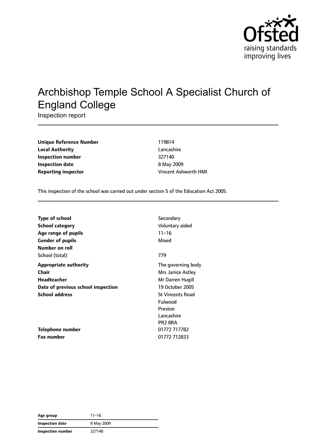 Archbishop Temple School a Specialist Church of England College Inspection Report