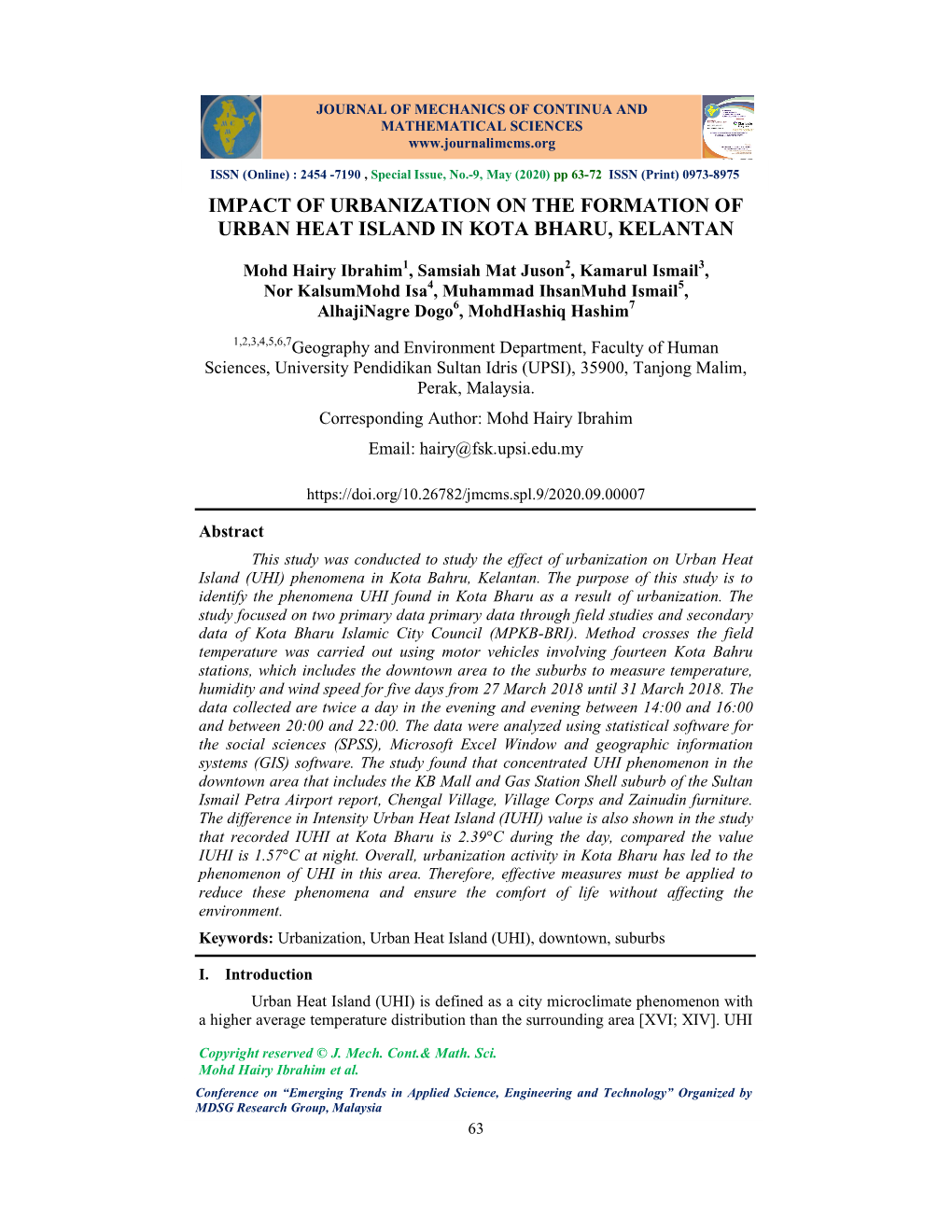 Impact of Urbanization on the Formation of Urban Heat Island in Kota Bharu, Kelantan