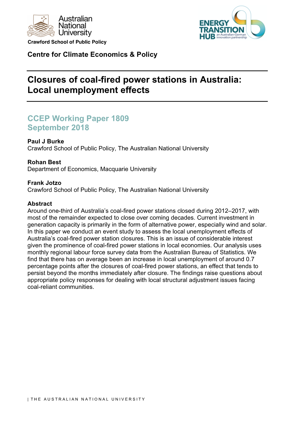 Closures of Coal-Fired Power Stations in Australia: Local Unemployment Effects